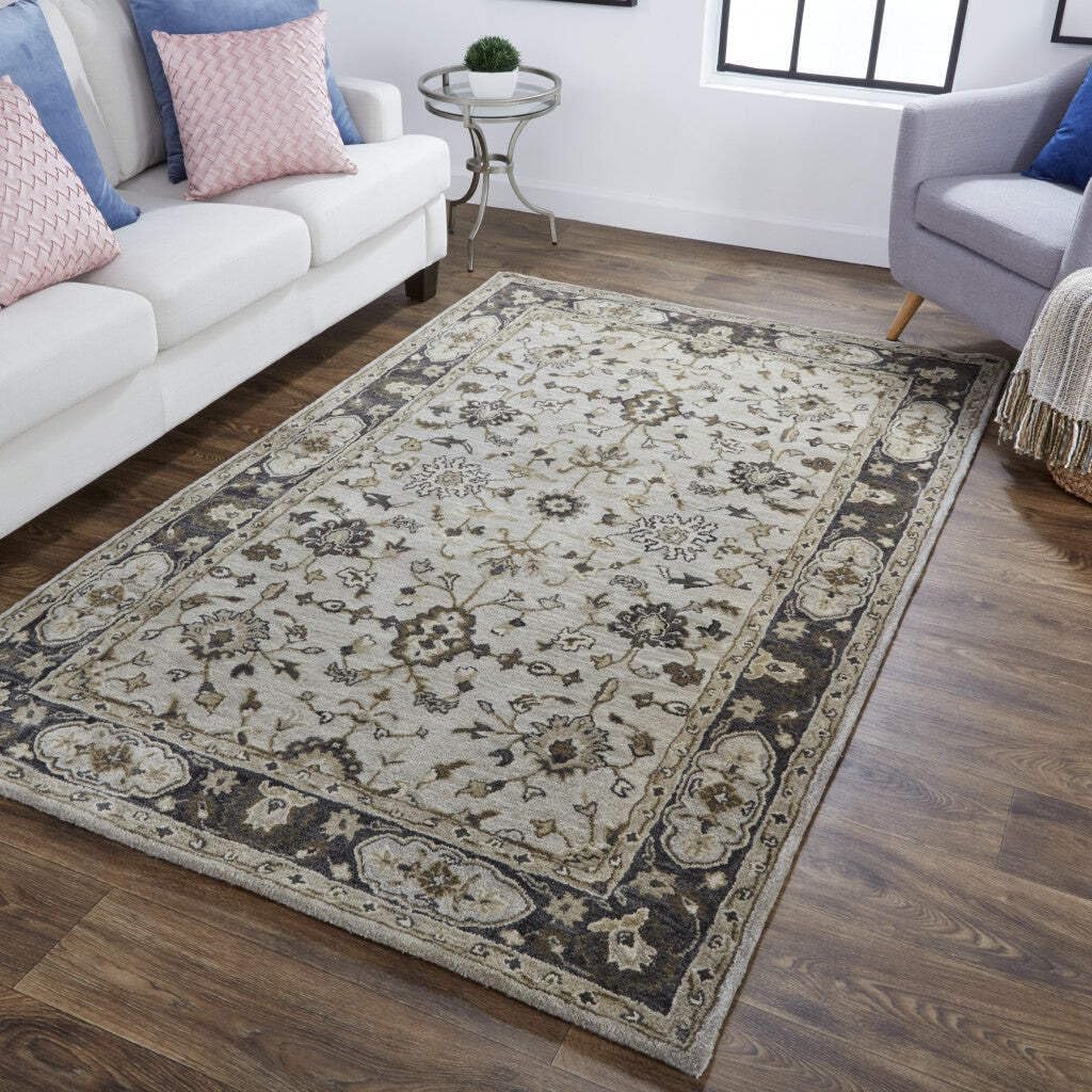 HomeRoots 511274 8 x 11 ft. Gray Ivory & Taupe Wool Floral Hand Tufted Handmade Stain Resistant Rectangle Area Rug