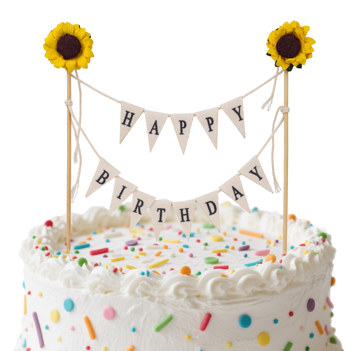Happy Birthday Flag Banner Cake Topper, Handmade Pennant & Sunflower Garland Birthday Cake Flag Decoration for Party Decorations