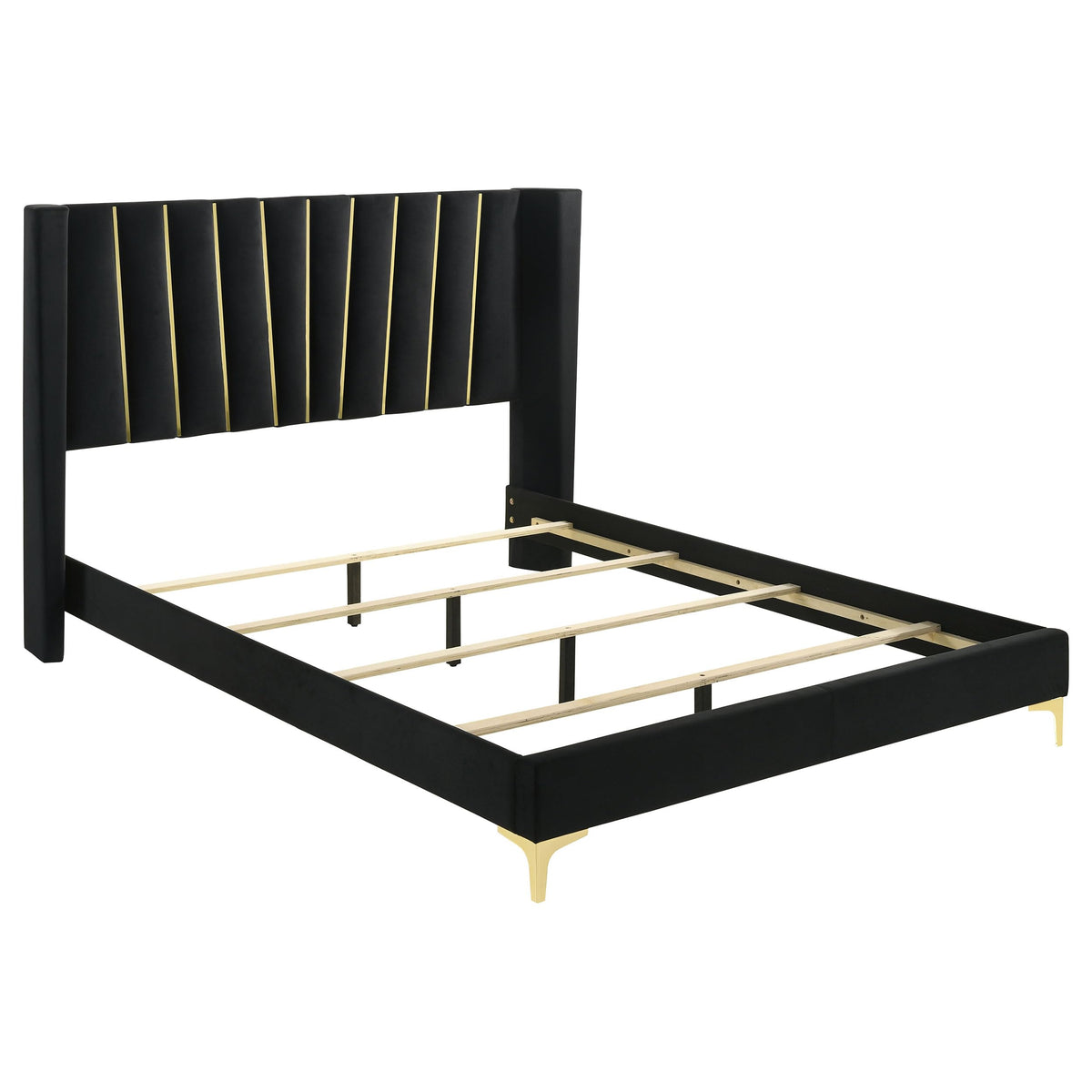 Coaster Home Furnishings Kendall 52-Inch Upholstered Bed Eastern King Size Modern Panel Bed Frame Velvet Upholstery Channel Tufting with Gold Accents Black 301161KE