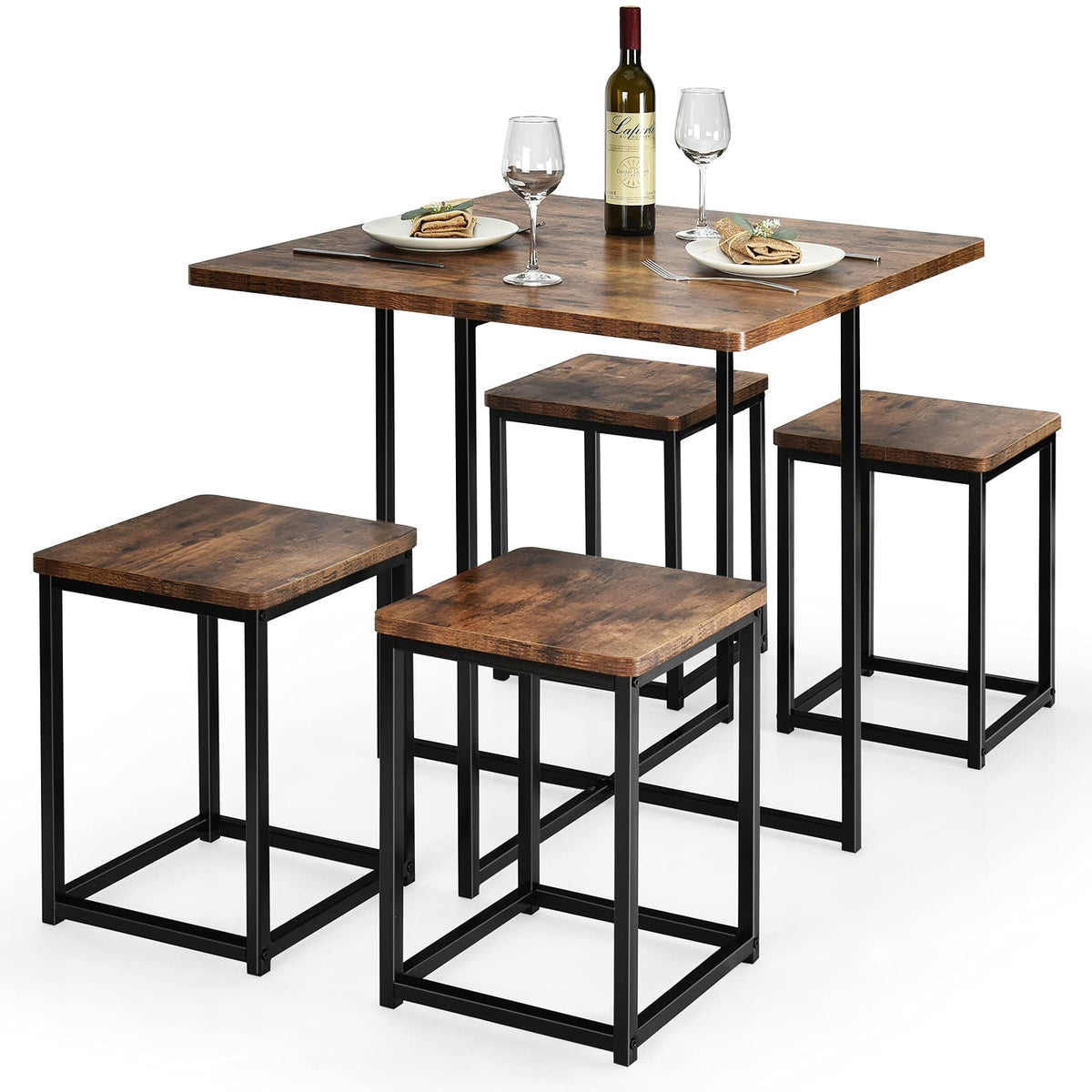 Kotek Dining Table Set For 4, Kitchen & Dining Room Table Sets With 4 Square Stools, Metal Frame, 5 Piece Compact Kitchen Table And Chairs For Small Space (Walnut & Black)