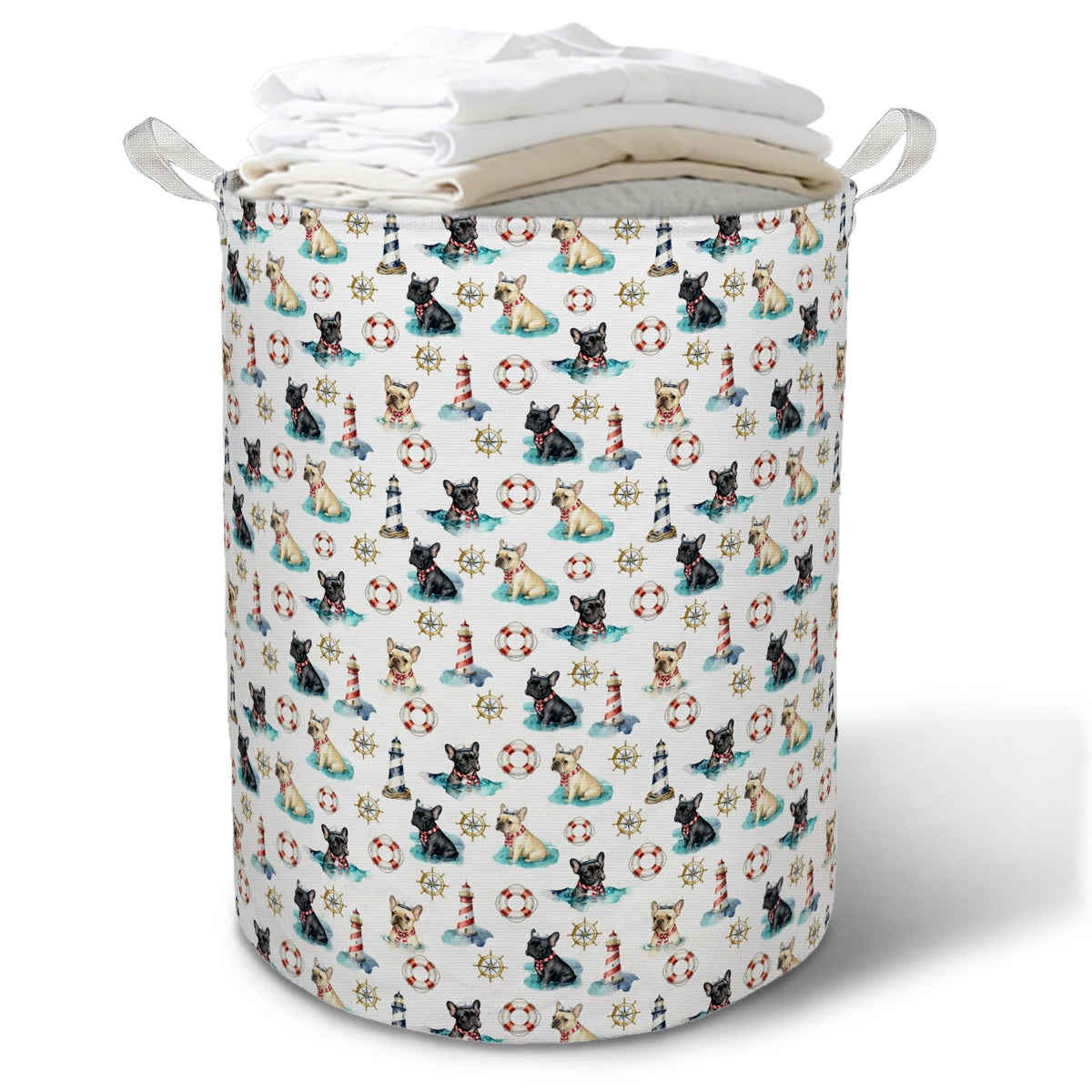 TAZSWDMM Nautical Boating French Bulldog Laundry Basket Hamper, Coastal Beach Life Buoy Dog Foldable Clothes Toys Books Storage 
