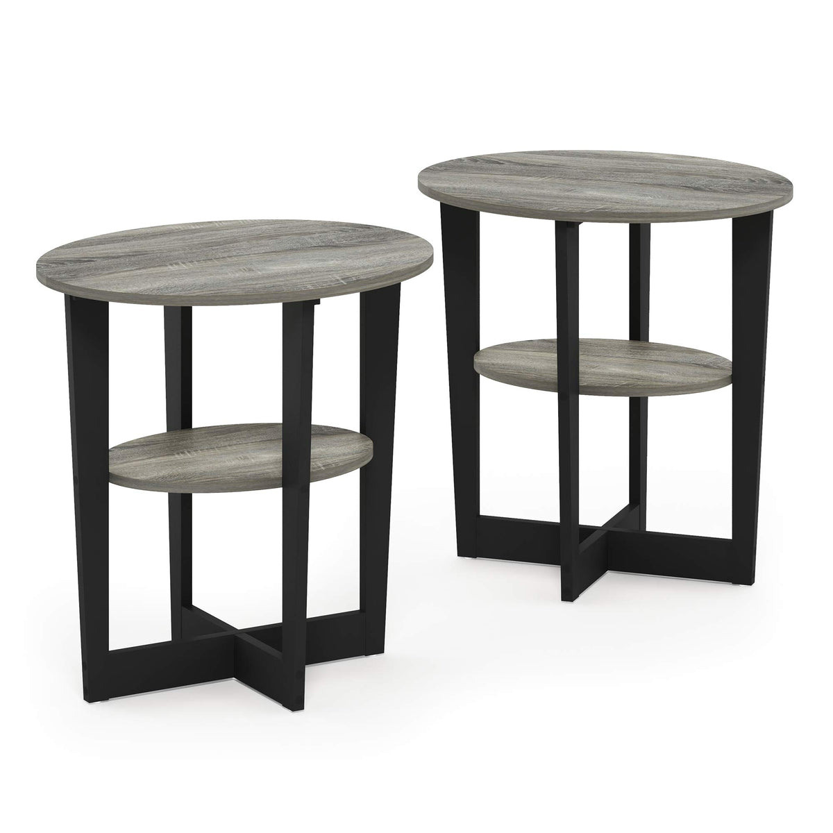 Furinno Jaya Oval End Side Night Stand/Bedside Table, 2-Pack, French Oak Grey/Black