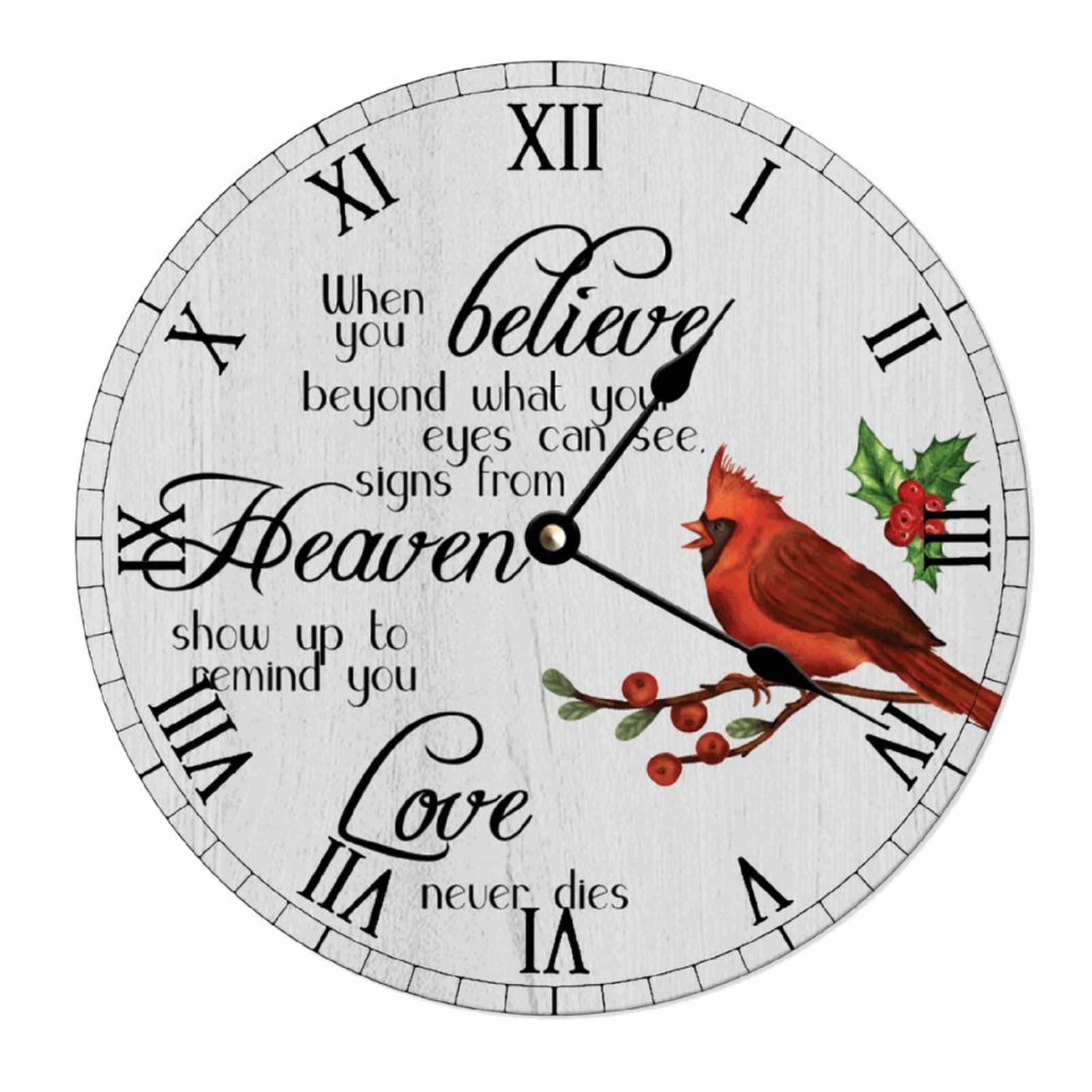 godblessign Cardinal Wall Clock Cardinals Christmas 10 inch Red Bird Silent Non-Ticking Clocks Battery Operated Love Never Dies 