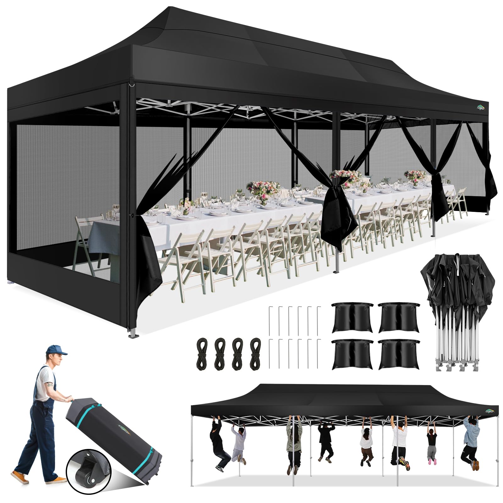 COBIZI 10x30 Canopy Tent, Heavy Duty Pop up Canopy with Sidewalls, Waterproof Easy Setup Canopy with Mosquito Netting, Outdoor I