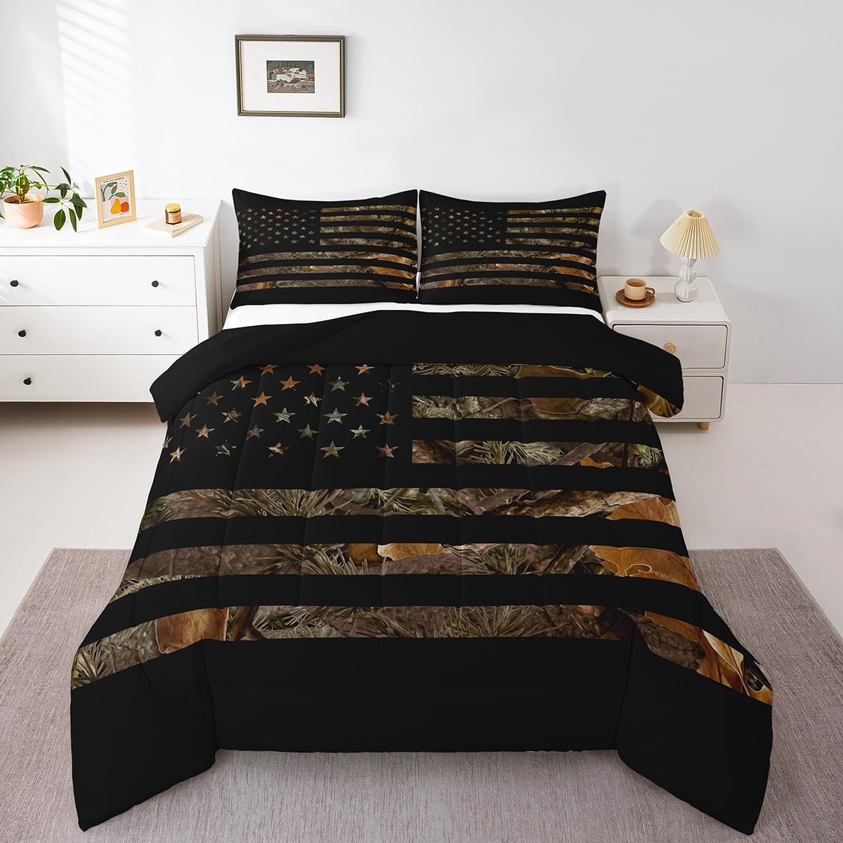 American Flag Camo Comforter Set Queen,Military Hunting Bedding Set Rustic Trees Leaves Camouflage Comforter For Boys Teens Kids