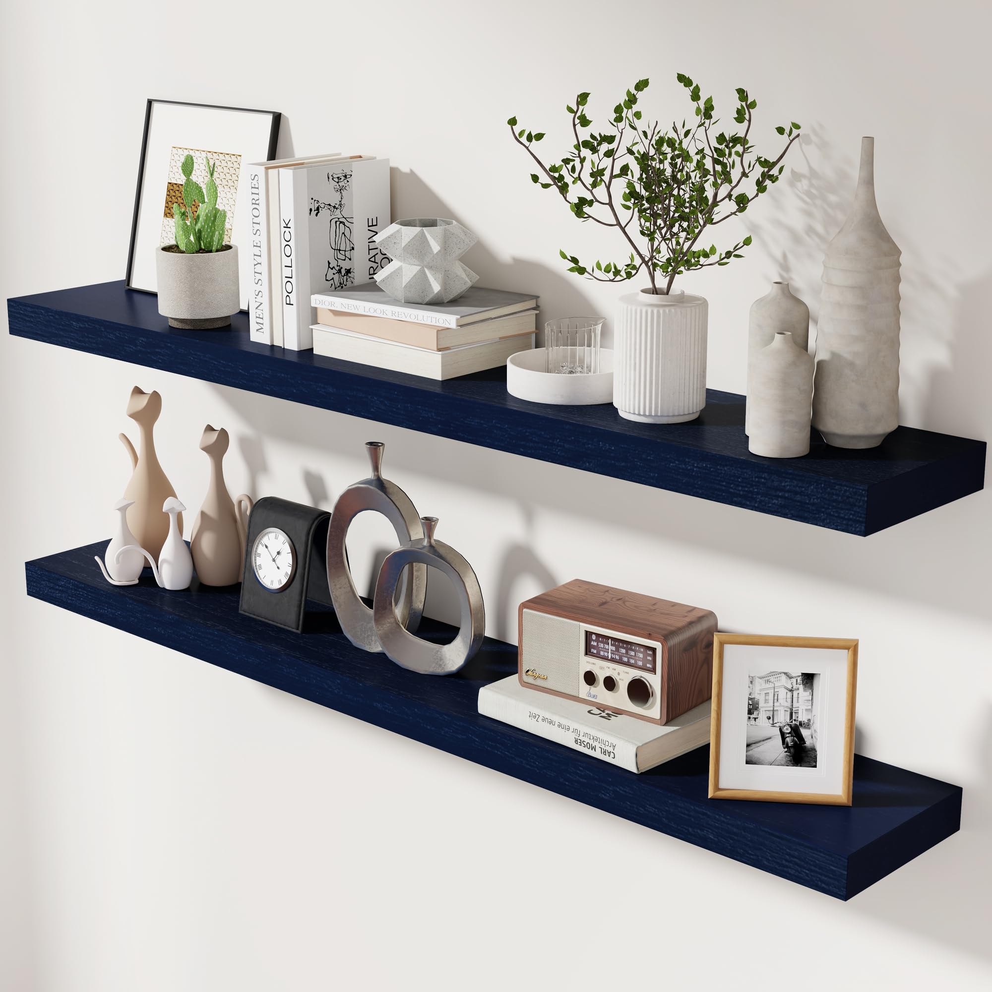 Dark Blue Floating Shelves 48 Inch, Solid Wooden Wall Shelves Set Of 2, Rustic Floating Wall Shelves For Decor & Storage For Living Room Bedroom Bathroom
