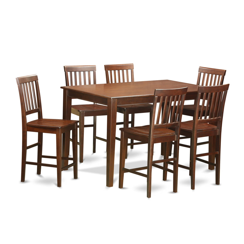 East West Furniture DUVN7H-MAH-W 7 Piece Kitchen Counter Height Dining Table Set Consist of a Rectangle Dining Room Table and 6 Wooden Seat Chairs, 36x60 Inch, Mahogany