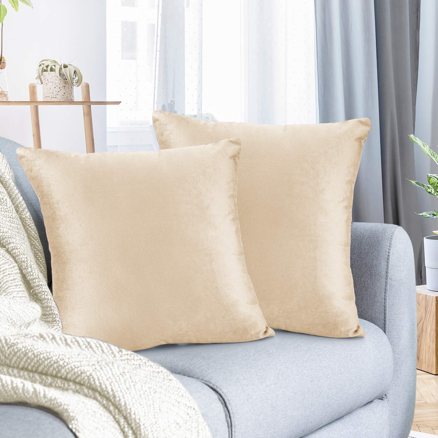 Nestl Throw Pillow Covers, Cozy Velvet Decorative Beige Cream Pillow Covers 20 X 20 Inches, Soft Solid Couch Pillow Covers For S