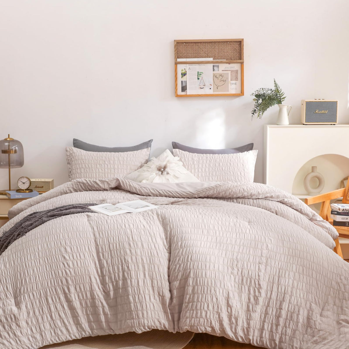 Haowaner Seersucker Beige Full Size Comforter Set Beige Comforter Set Full Size Bed Comforter Sets, Beige Comforter Full Size,Be