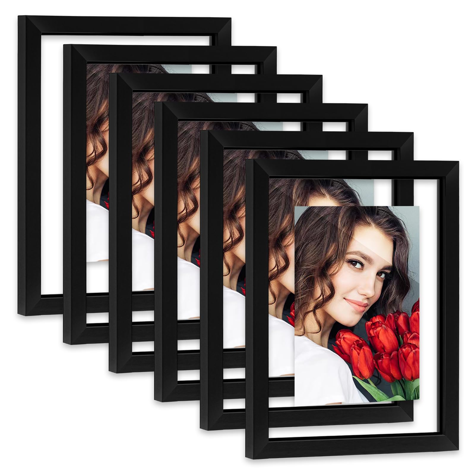 LBECUA Floating Picture Frames Set of 6, 8x10 Floating Frame with Double Glass for 4x6, 5x7 or Full Display 8x10 Photo, Desktop 