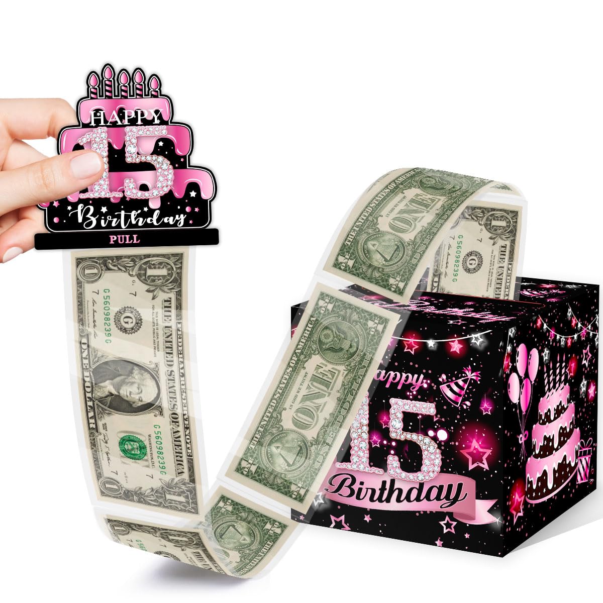 Money Box For Cash Birthday Gift, 15 Years Old Surprise Box Gift Box For Money Pull, 15Th Birthday Money Gift Ideas, Pink Birthd