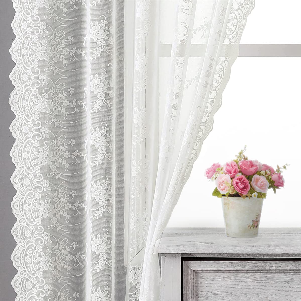 Kotile Lace Curtains 108 Inch Length - Vintage Vine Floral Embroidered Lace Sheer Curtains For Living Room, Rod Pocket Privacy S
