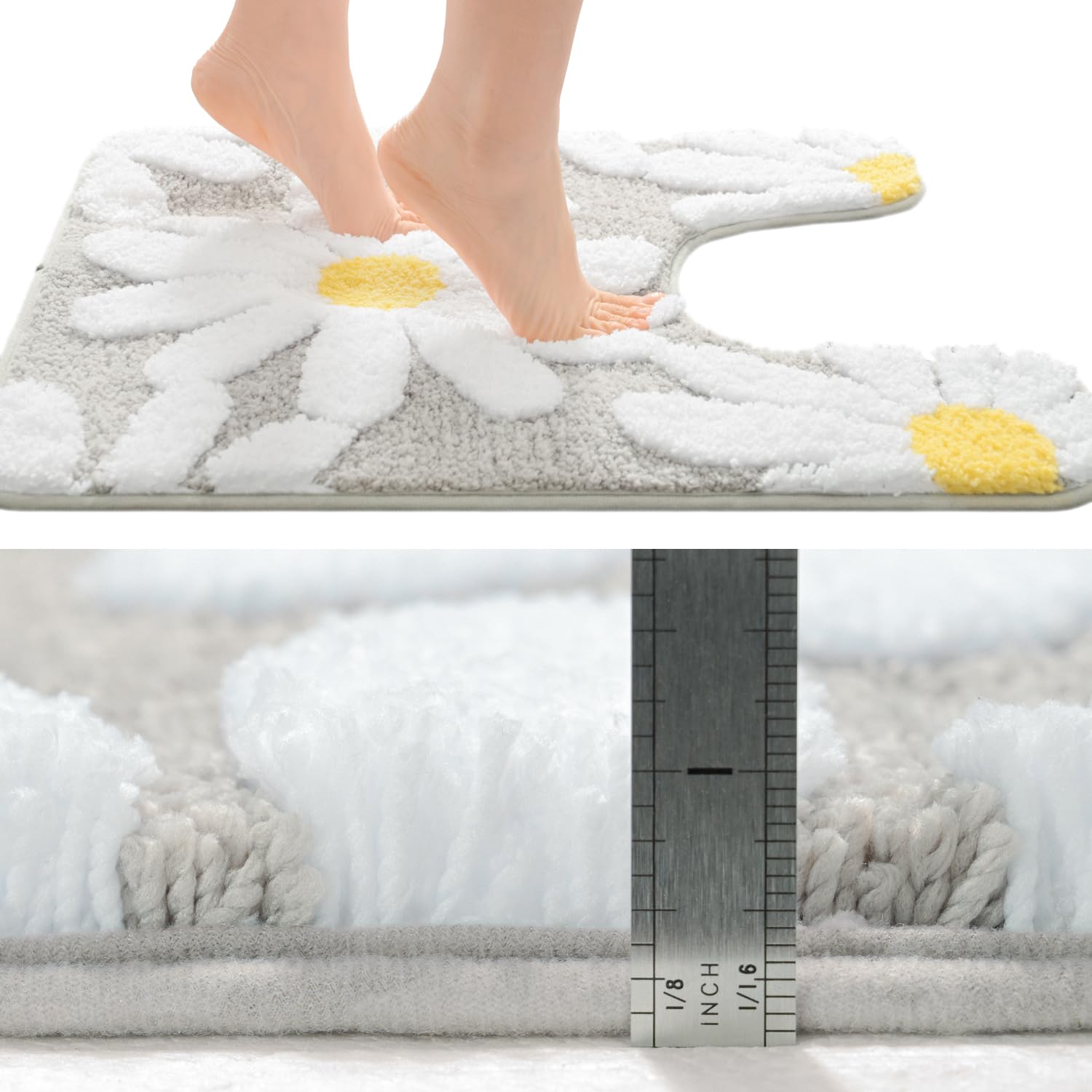 Qjhomo Toilet Rugs U Shaped, Gray Toilet Mat Cute Daisy Contour Bath Rug 20''X20'', Extra Thick Soft Machine Washable Toilet Car