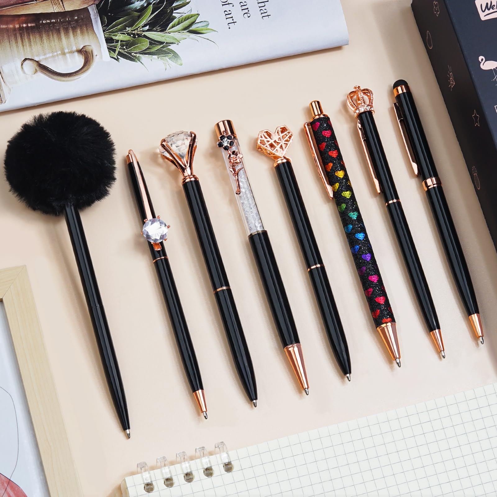 Wemate 8Pcs Ballpoint Pens Set Metal Crystal Diamond Pen Glitter Pen For Journaling Black Pen Bling In Black & Blue Ink Pretty C