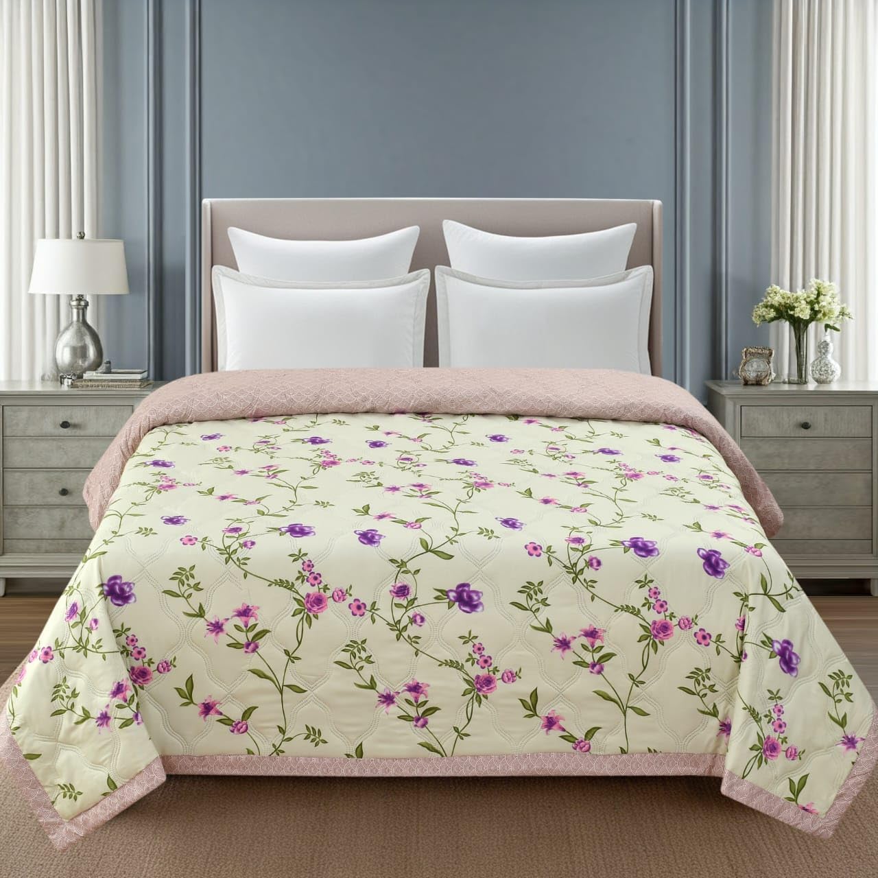 D Imports Floral Print Soft Reversible Ac Quilt, Dohar, Comforter King Size With Ultrasonic Thread Free Pattern, Double Bed Size