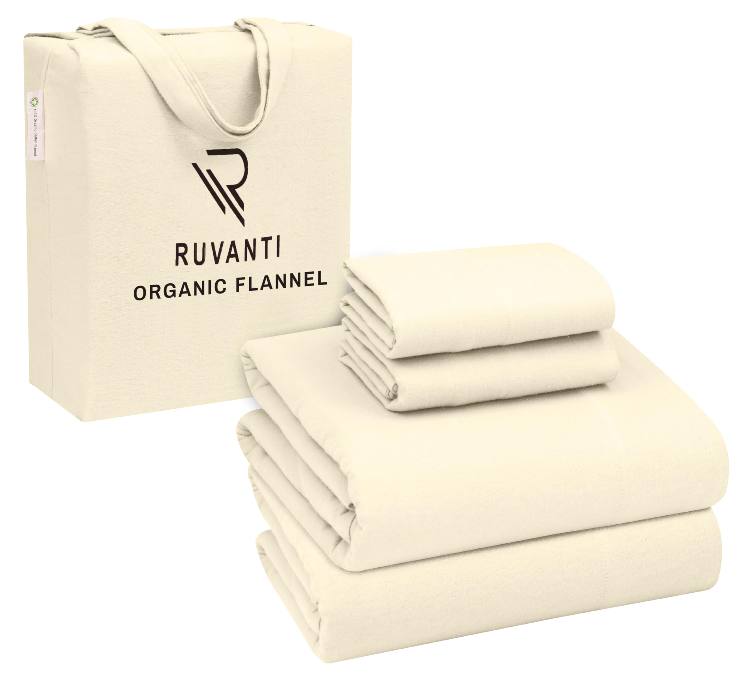 RUVANTI Flannel Sheets Queen Size  GOTS Certified 100% Organic Cotton, 4 Piece Warm, Soft & Breathable Set, Deep Pocket Snug Fi