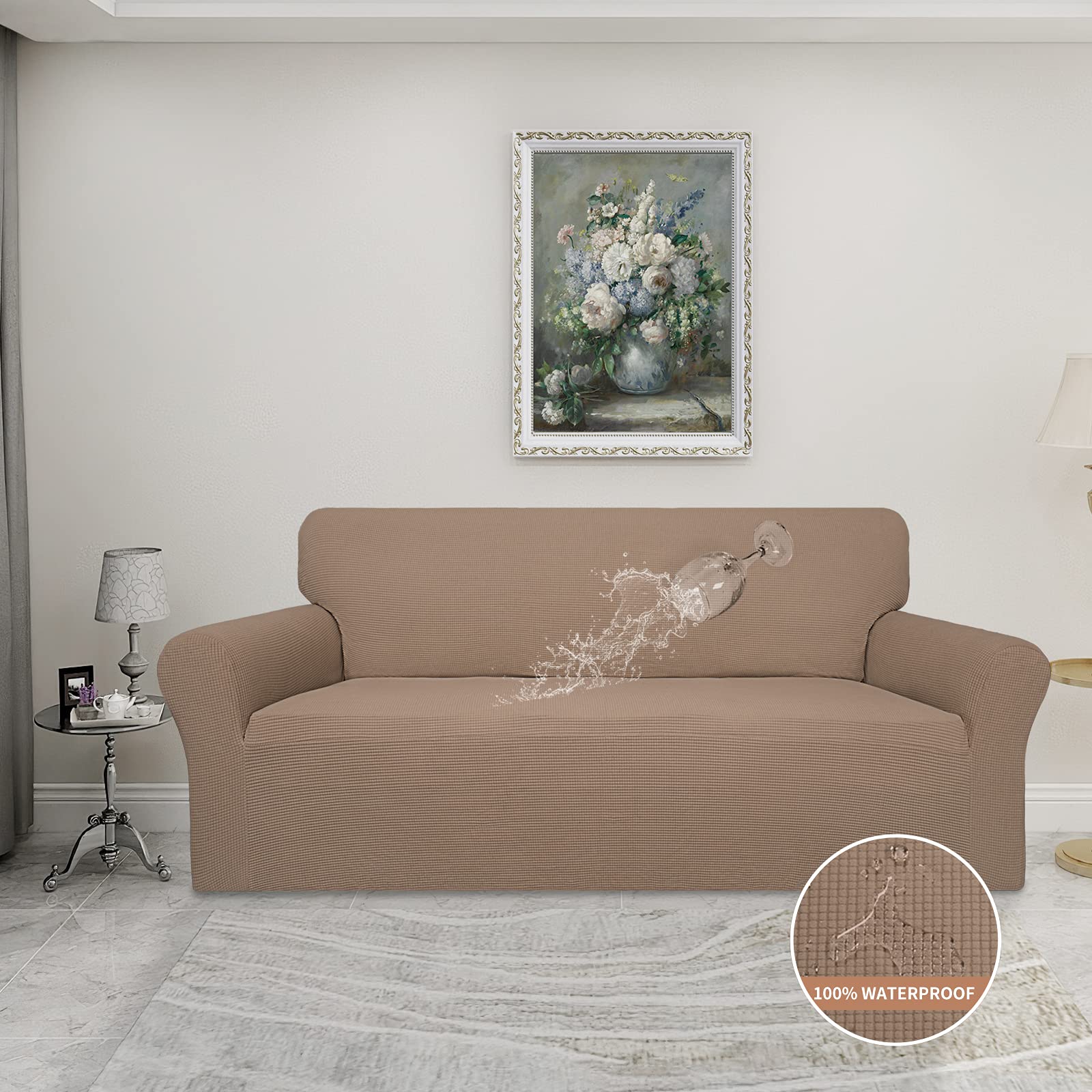 Easy-Going 100% Waterproof Couch Cover, Dual Waterproof Sofa Cover, Stretch Jacquard Sofa Slipcover, Leakproof Furniture Protector For Kids, Pets, Dog And Cat (Sofa, Camel)