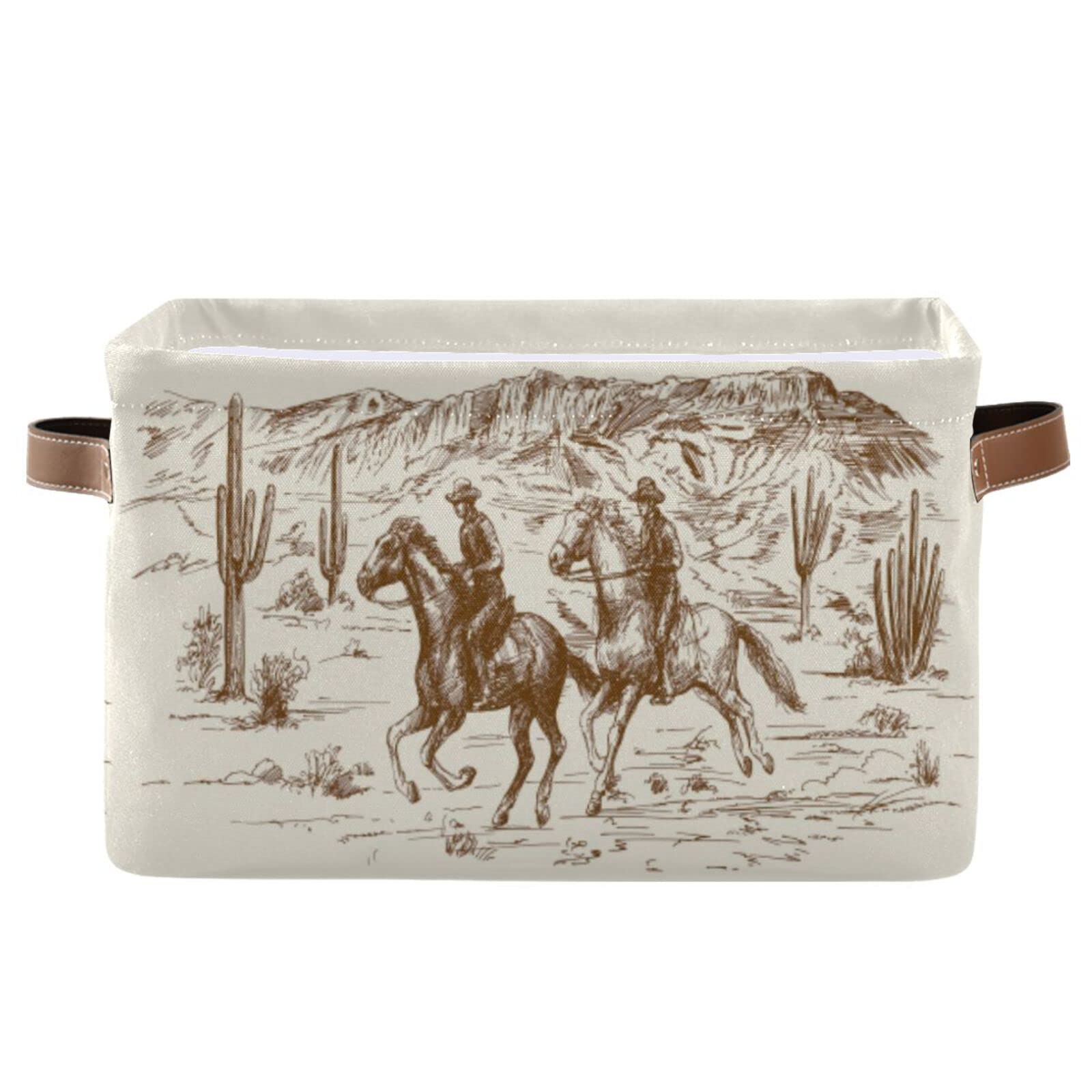 BOKEKANG Cowboy Storage Basket Western Desert Cowboy Storage Bin Collapsible Sunflowers Large Storage Baskets with Leather Handl