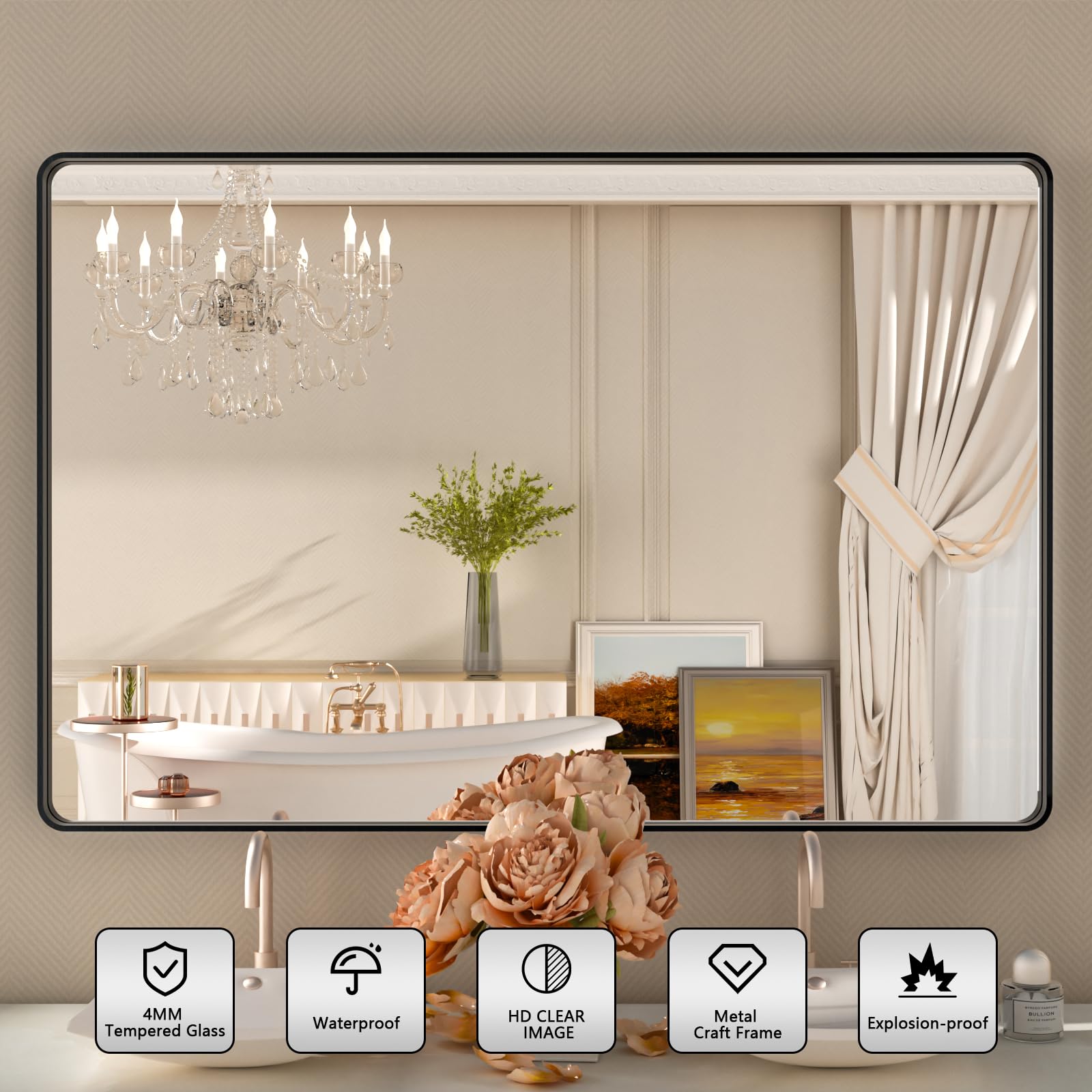 Istripmf Black Bathroom Vanity Mirror 48X32 Inch,Rounded Rectangle Matte Black Mirror For Wall,Black Matel Frame Mirror For Bath