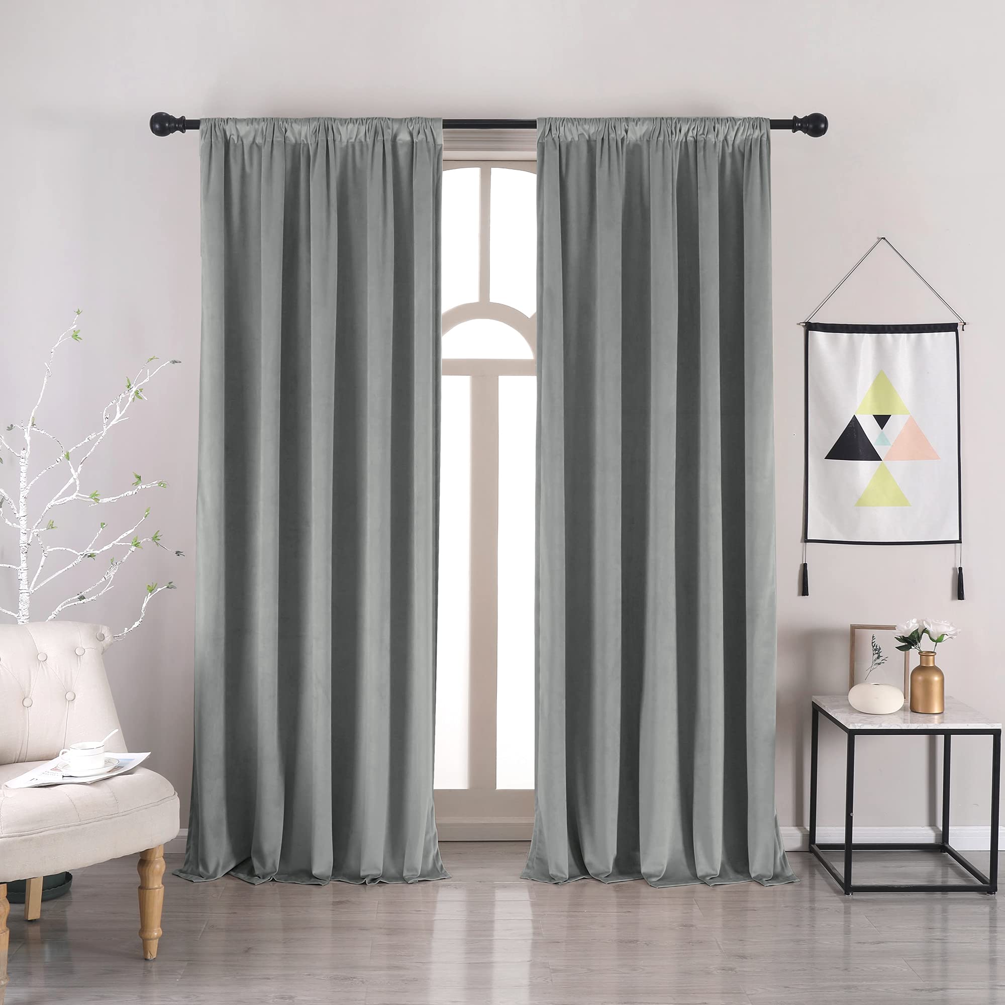 Nanbowang Velvet Blackout Curtains Rod Pocket 108 Inches Long Light Blocking Gray Window Curtain Panels Set Of 2 Heat Insulated