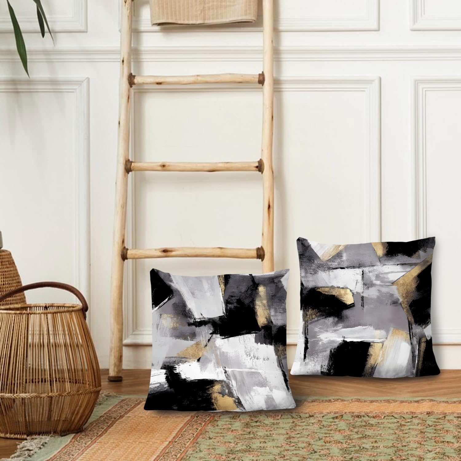 Supwhd Black And White Pillow Covers, Abstract White Black And Gold Pillow Covers 24X24 Set Of 2, Modern Black And White Pillow