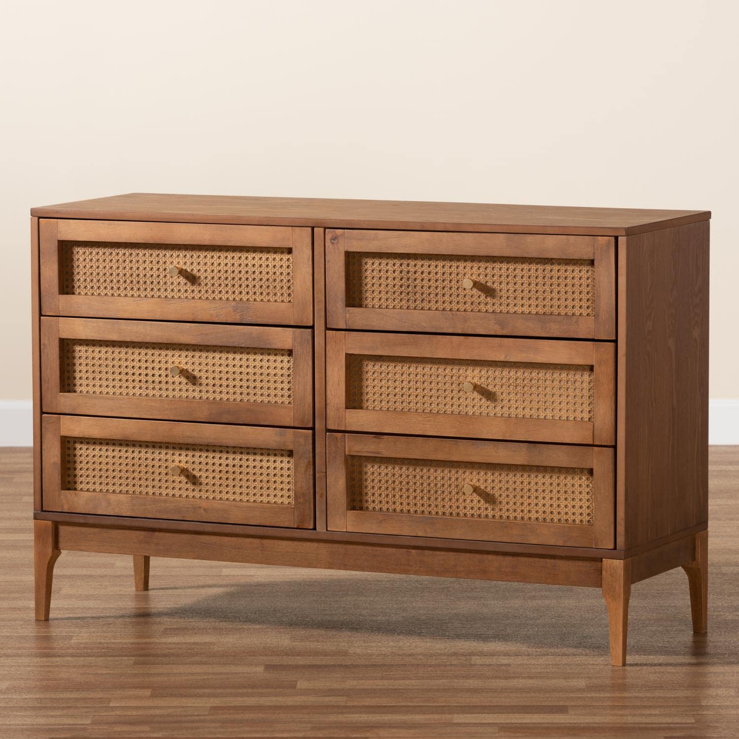Baxton Studio Ramiel Ash Walnut Finished Wood and Rattan 6-Drawer Dresser