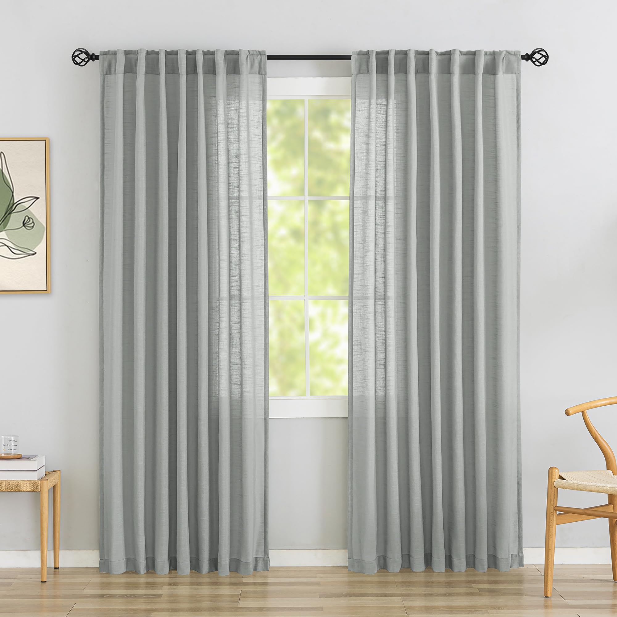 Light Gray Linen Blend Back Tab Curtains 90 Inch Length - 2 Panels Set Hook Belt Loops Rod Pocket Draperies Light Filtering Semi Sheer Window Curtains For Living Room Bedroom,52' Wide X 90' Long