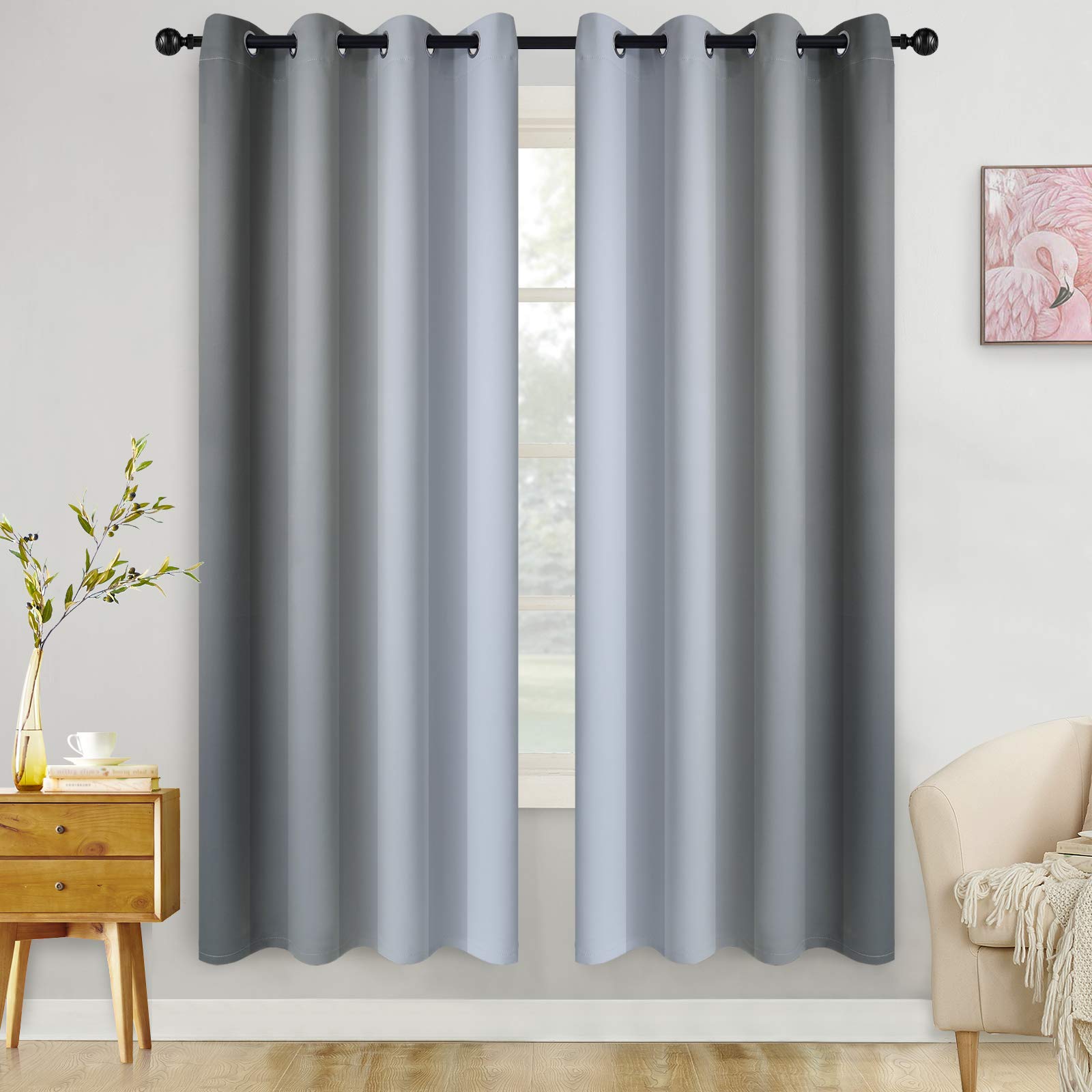 Cosviya Grommet Ombre Room Darkening Curtains 72 Inch Length 2 Panels, Grey And Grayish White Gradient Drapes Light Blocking Ins