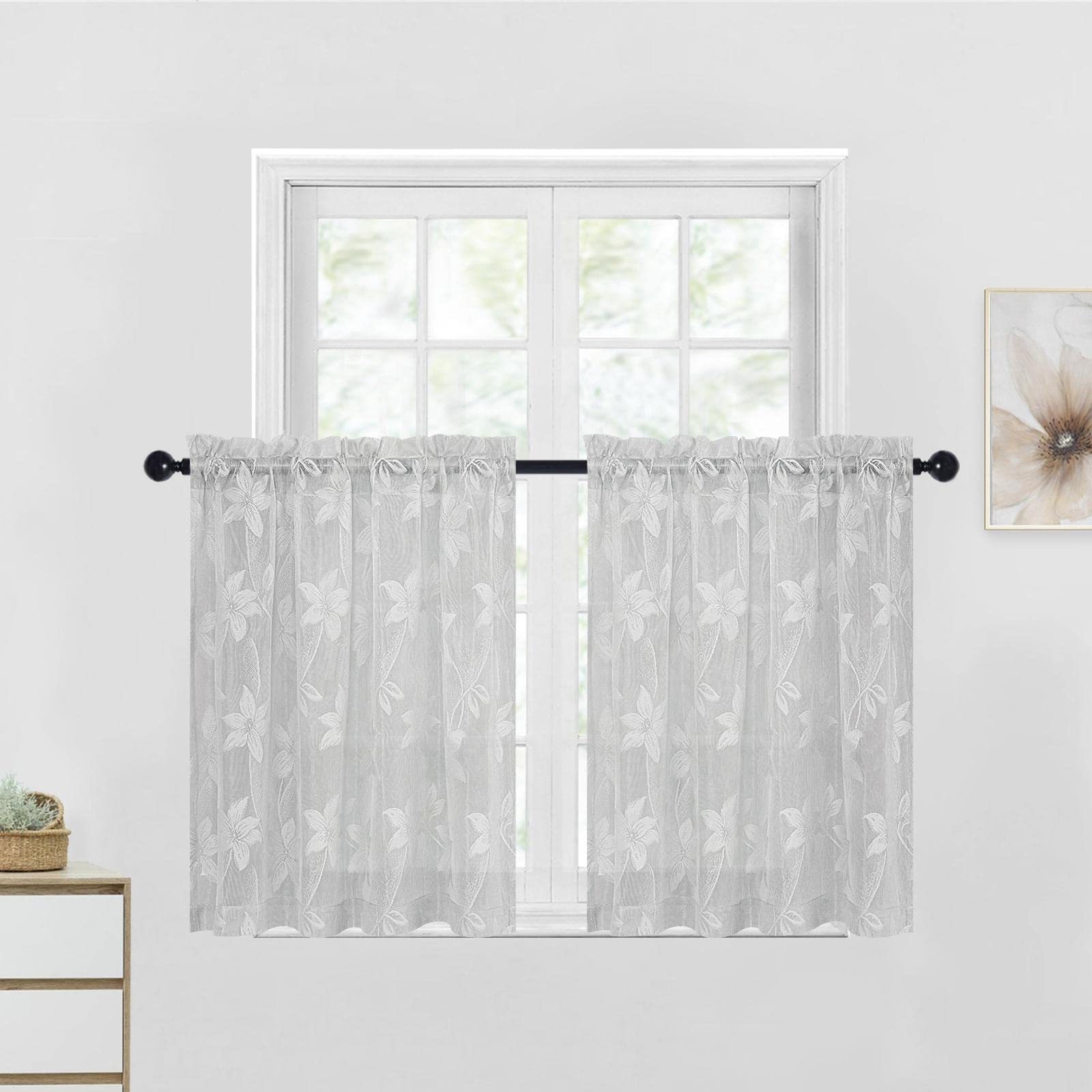 Dwcn Kitchen Short Curtains - Grey Flora Lace Rod Pocket Window Voile Sheer Curtains For Kitchen Living Room Bathroom, 52 X 36 I