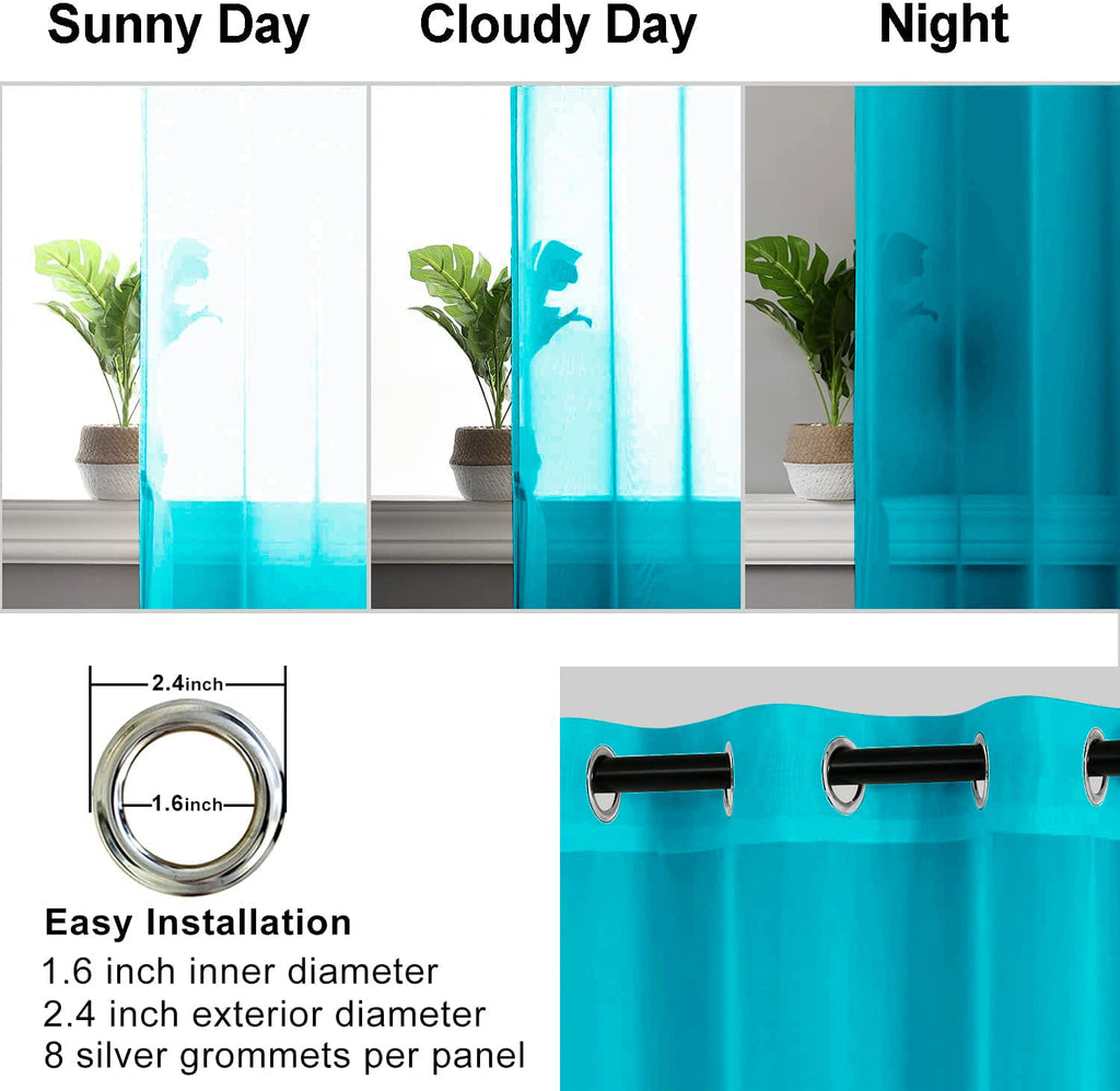 Hiasan Sheer Curtains For Bedroom With Tiebacks, Lightweight Airy Breathable Voile Drapes Light Filtering Grommet Window Curtains For Living Room, Nursery, W52 X L63, Turquoise, 2 Soft Panels