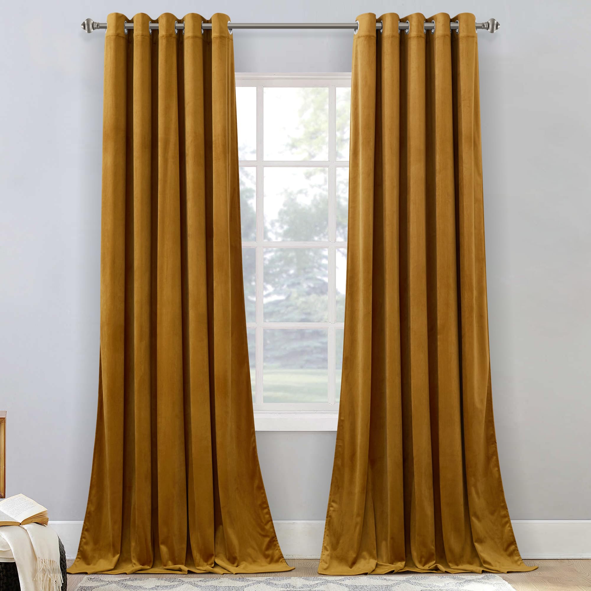 Stangh Soft Mustard Gold Velvet Curtains Boho Decor 90 Inches Long 2 Panels, Luxury Gold Thermal Insulated Backdrops For Party T