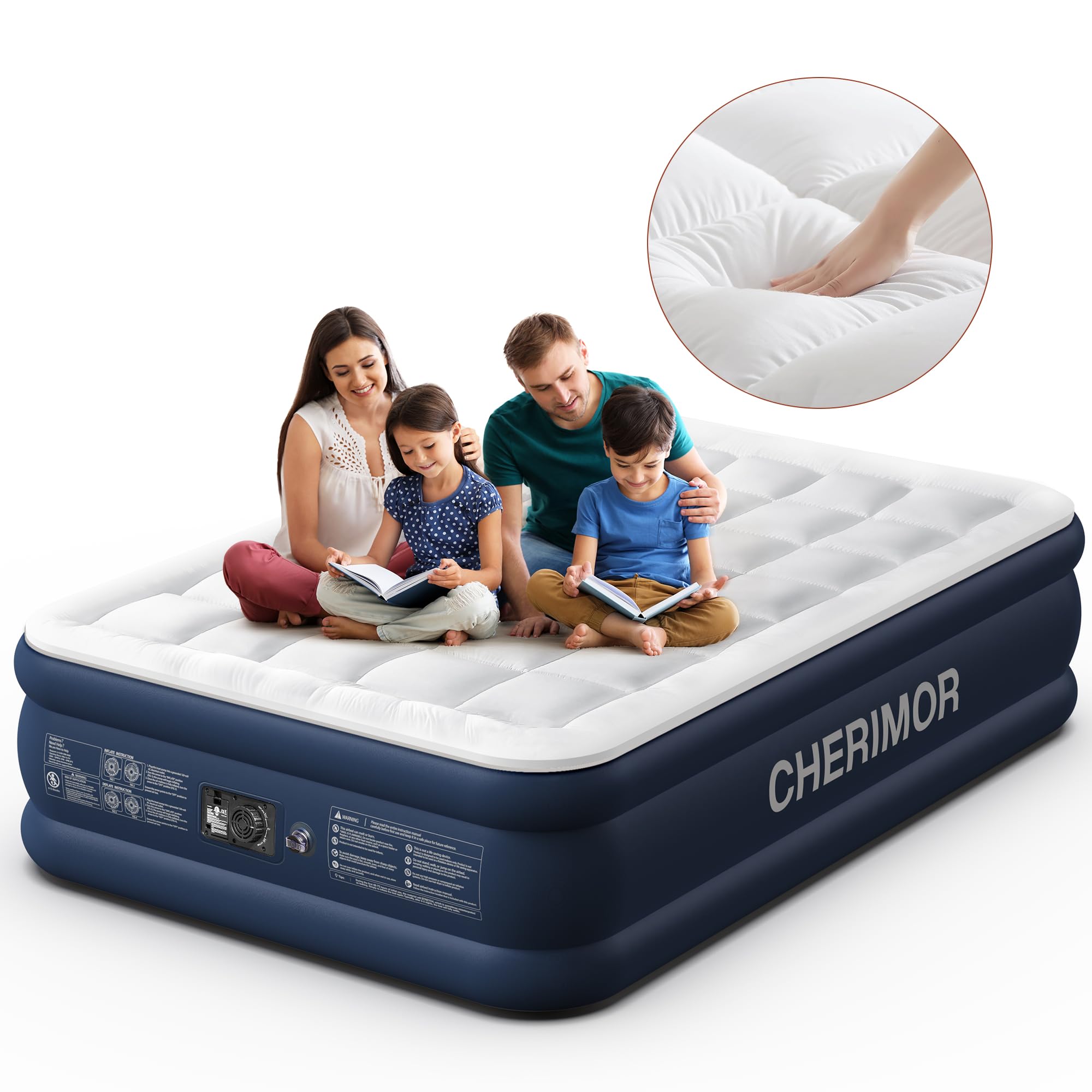 Cherimor Air Mattress Queen With Built In Pump And Quilted Mattress Topper, 20' Comfort Inflatable Mattress With Carry Bag, Sel
