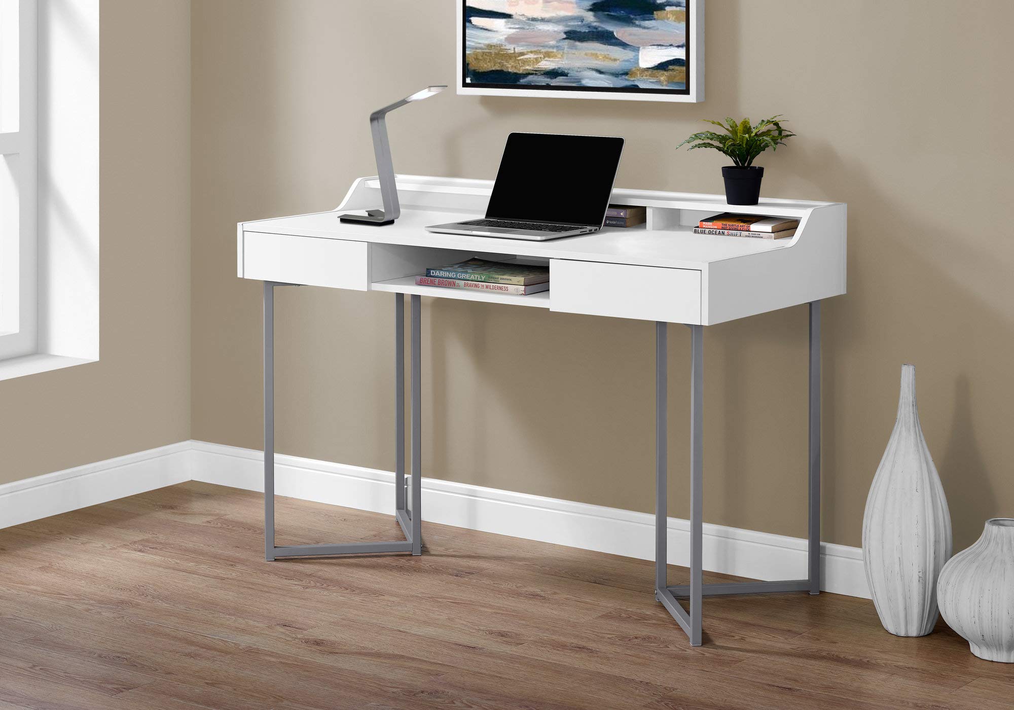 Monarch Specialties Computer Desk-Modern Contemporary Style-Laptop Table for Home & Office with Hutch Drawers and Shelves, 48' L, White