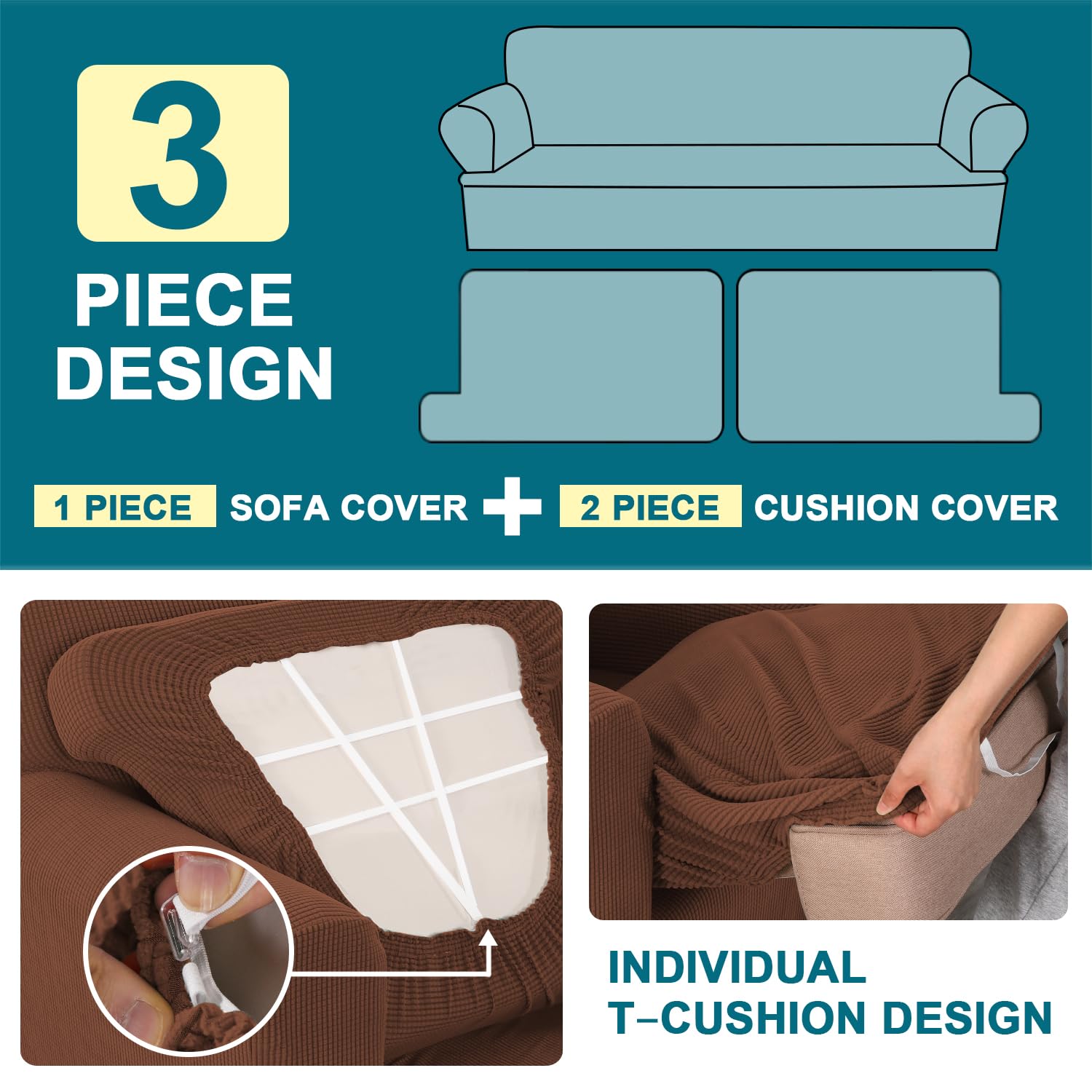 Turquoize 3 Piece T Cushion Loveseat Slipcovers Sofa Cover For 2 Cushion Couch Cover Washable Sofa Slip Cover Furniture Covers With 2 Individual T Cushion Seat Covers (2 Cushion Loveseat,Caramel)