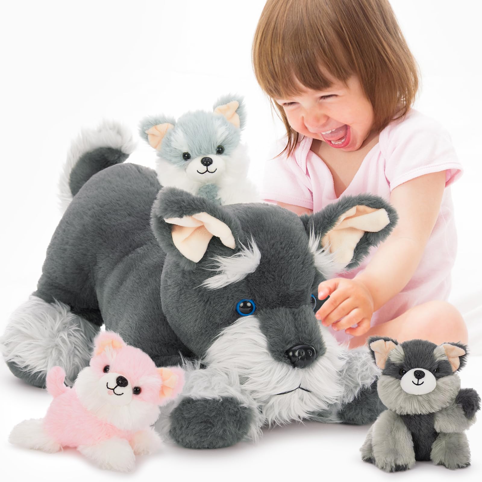 Morismos Plush Schnauzer Dog Stuffed Animal With Babies, 20' Big Mommy Dog With 3 Baby Puppy Toys For Kids, Soft Stuffed Schnau