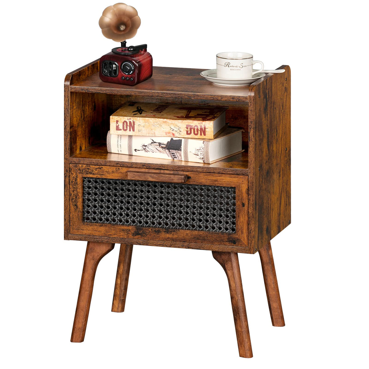 Lerliuo Rattan Nightstand, Side Table With Drawer Open Shelf, Cane Accent Bedside End Table With Solid Wood Legs, Mid Century Modern Night Stand For Bedroom, Dorm And Small Spaces (Brown)
