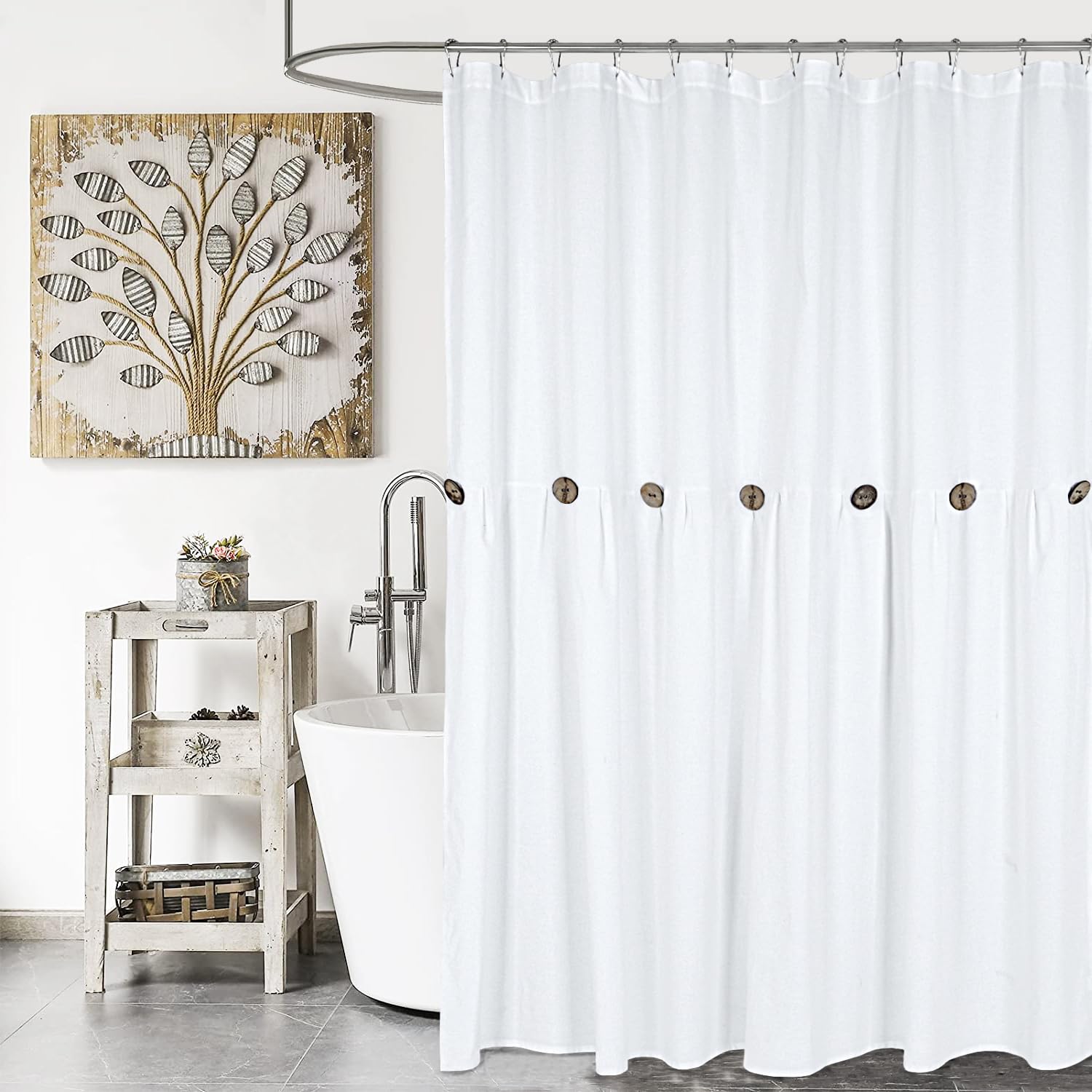 Dosly Id  Es Farmhouse Shower Curtain,White Cloth Button Curtain,Linen Cotton Woven Fabric,Rustic Country Shabby Chic Style,72X7