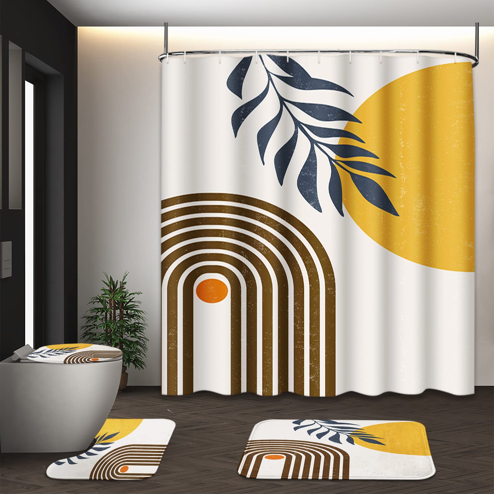 Tayney Boho Mid Century Shower Curtain Set with Toilet Lid Cover and Non-Slip Rugs, Modern Abstract 4 Pcs Yellow Sun Minimalist 