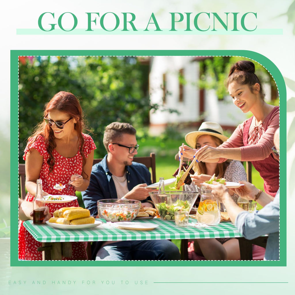 3 Pcs Plastic Picnic Table Cover Checkered Tablecloth Fitted Rectangular Table Cloth 30 X 72 Inch Vinyl Waterproof Flannel Backed With Elastic Rim For Indoor Outdoor Picnic Party(Green And White)