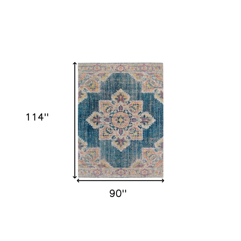 HomeRoots 532110 10 x 14 ft. Teal & Blue Medallion Power Loom Rectangle Area Rug with Fringe