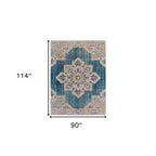 HomeRoots 532110 10 x 14 ft. Teal & Blue Medallion Power Loom Rectangle Area Rug with Fringe