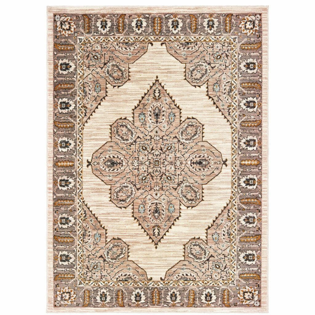 HomeRoots 510787 10 x 13 ft. Ivory Gold Gray & Blue Oriental Power Loom Stain Resistant Rectangle Area Rug