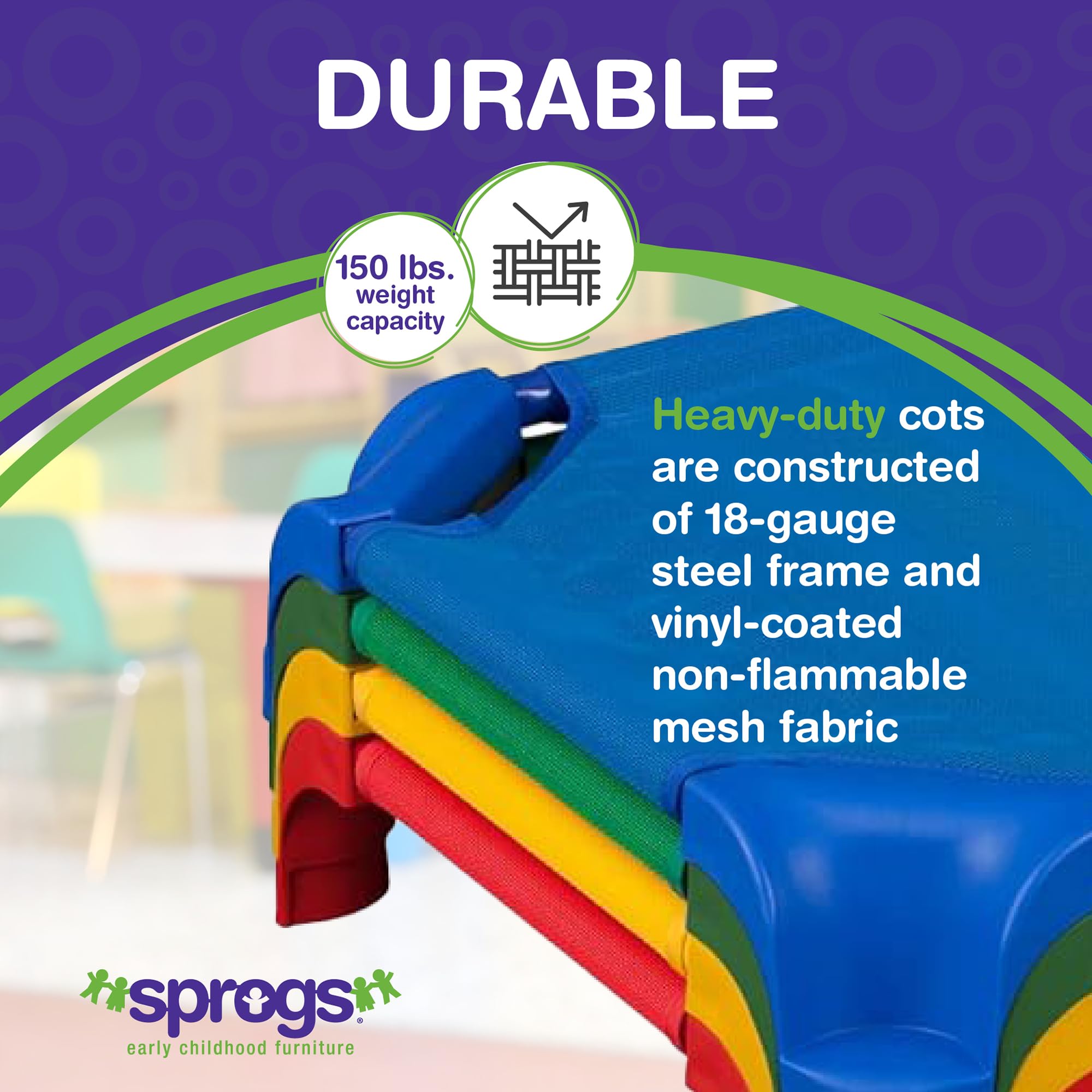 Sprogs Heavy-Duty Stackable Standard Size 52'L Daycare Cots For Kids And Toddlers, Stacking Preschool Classroom Kids Cots For Sleeping, Resting, Naptime, Pack Of 4, Assorted Color