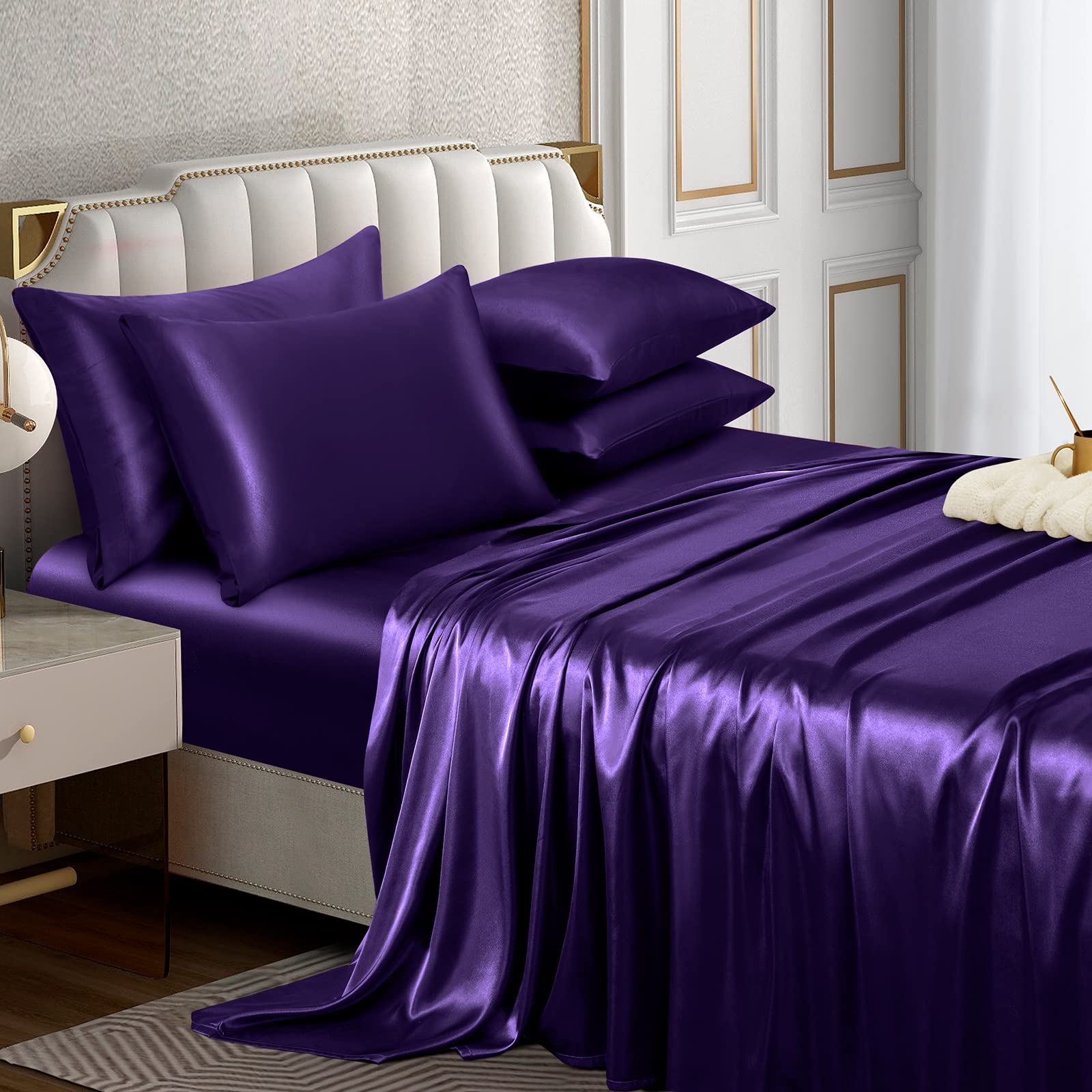 Horbaunal 6 Piece Satin Sheet Set King Size Luxury Silky & Soft Purple Satin King Bed Sheet Set with 16'' Deep Pocket, 1 Fitted 