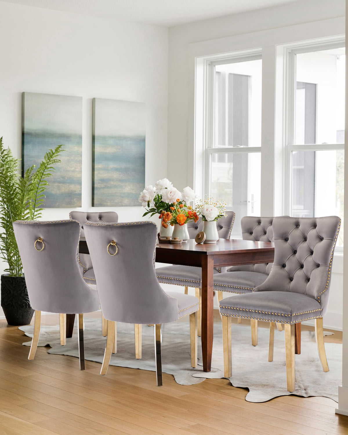 Vicbarley Velvet Dining Chair Set Of 6 Upholstered Tufted Dining Room Chair With Nailhead Trim And Stainless Steel Gold Plated L