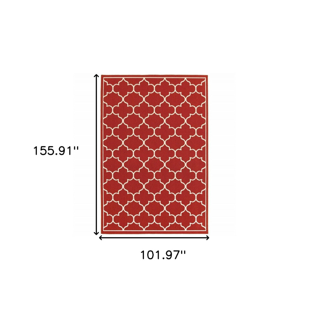 HomeRoots Polypropylene 9’x13’ Red and Ivory Trellis Indoor Outdoor Area Rug
