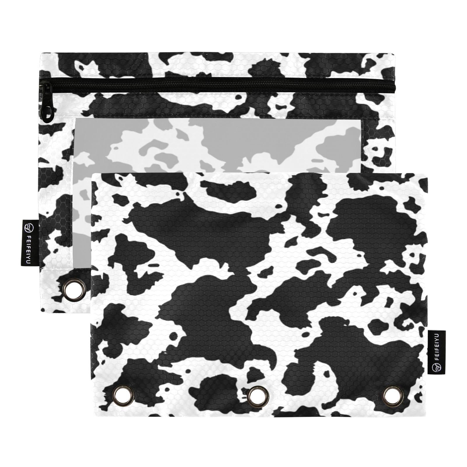 Kigai Cow Print Binder Pencil Pouch 3 Ring,Zipper Pencil Case With Clear Window Pencil Pouch 2 Pack For School Classroom Office