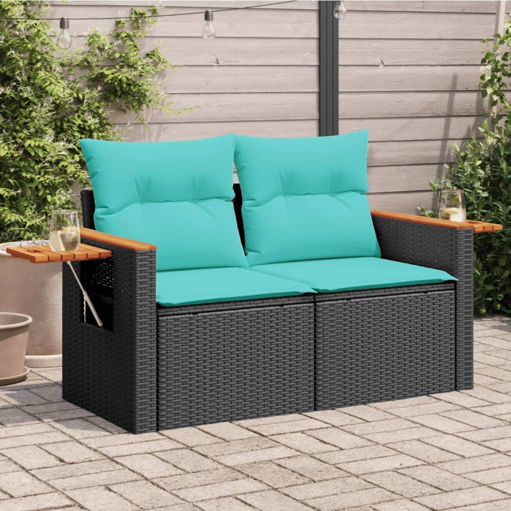 vidaXL 2-Seater Outdoor Patio Sofa Loveseat with Cushions - Black Poly Rattan with Foldable Side Table and Storage Bag, 48.8&quot;x24.4&quot;x27.2&quot;, Blue Cushions Included