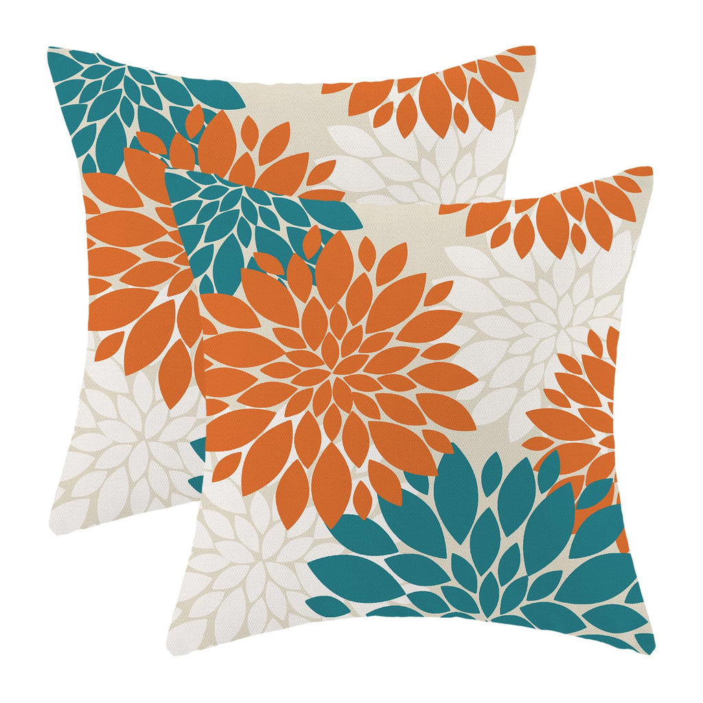 CXMEIFLY Fall Burnt Orange Outdoor Pillow Covers 16x16 Inch Set of 2 Aqua Teal White Dahlia Floral Decor Throw Pillows Modern Ge