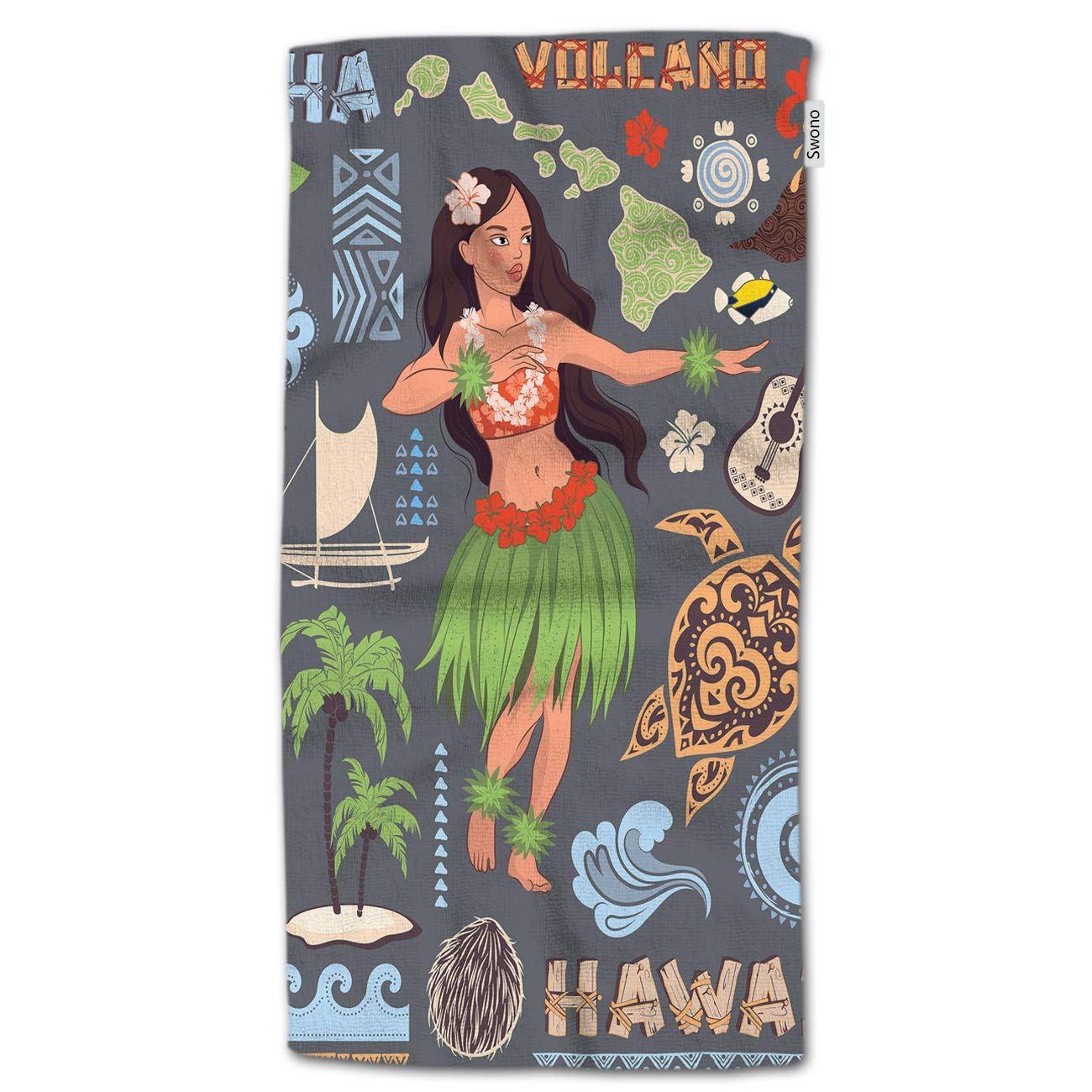 HGOD DESIGNS Hawaii Hand Towels,Vintage Set of Hawaiian Icons and Symbols Girl Guitar Volcanic 100% Cotton Soft Bath Hand Towels
